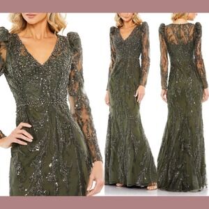 NWT $998 Mac Duggal [ 16 ] 20349 Embellished Puff Sleeve V Neck Gown Olive J1384